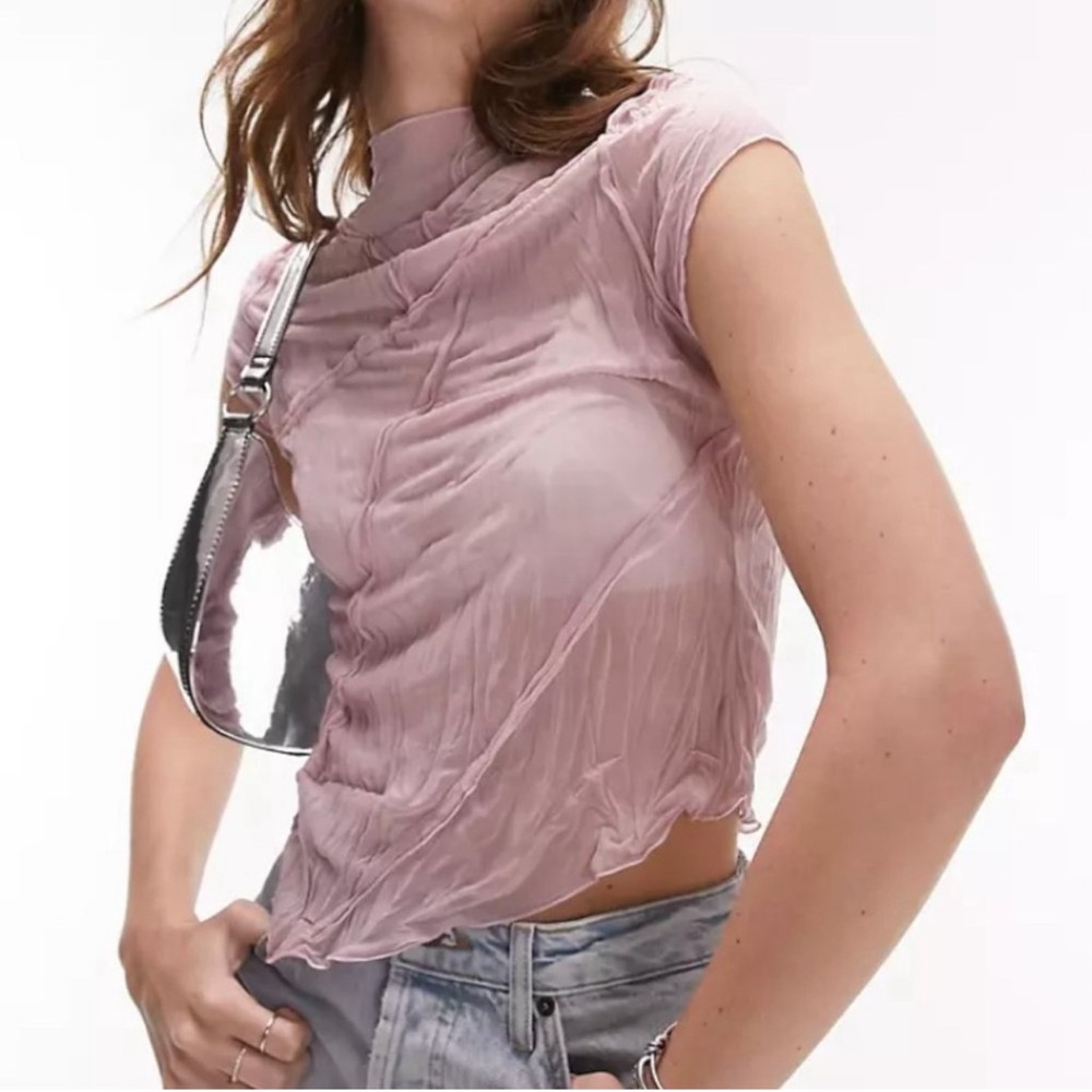 Topshop Crinkle Asymmetric Top in Dusty pink